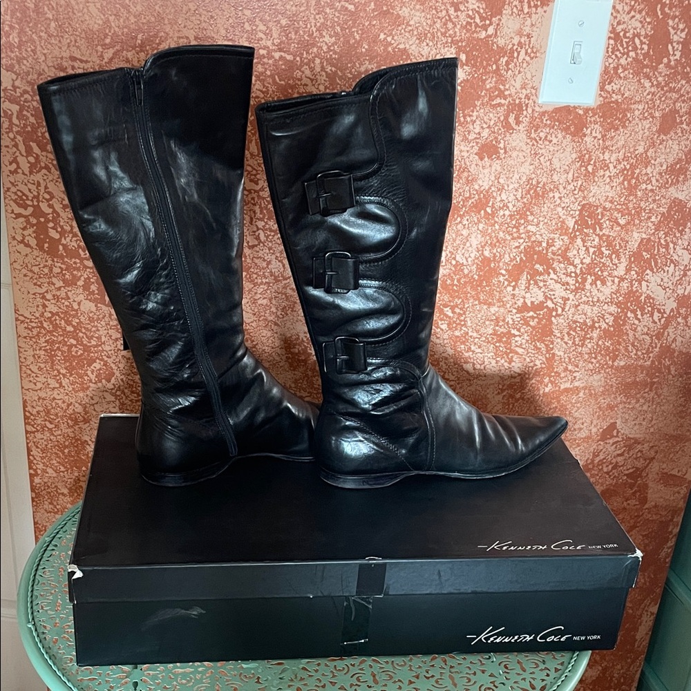 Kenneth Cole Black Heeled Boots with Buckle Detail